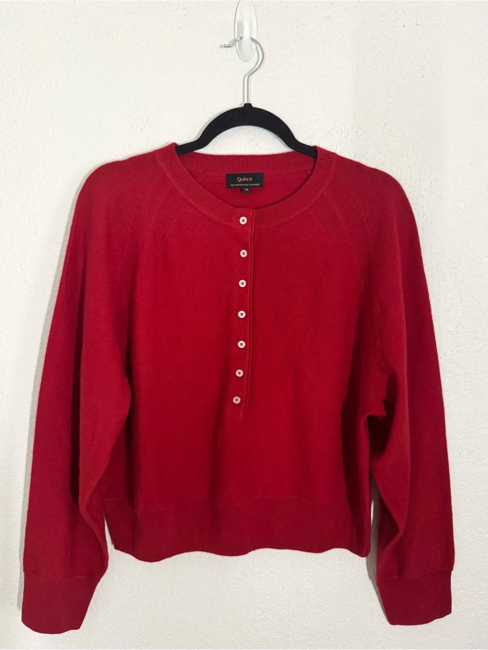 Quince 100% Mongolian Cashmere Dolman Sleeve Henley Sweater Varsity Red Medium - Picture 4 of 9